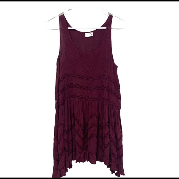 Free People Voile & Lace Maroon with Black Polka Dot Trapeze Dress - Picture 9 of 12